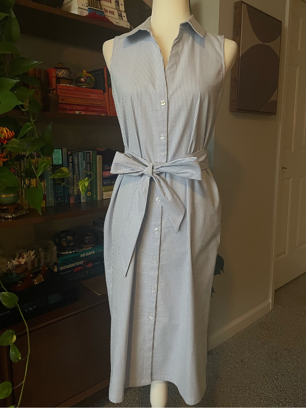 Ann Taylor Sleeveless Blue Striped Shirt Dress with Tie Waist